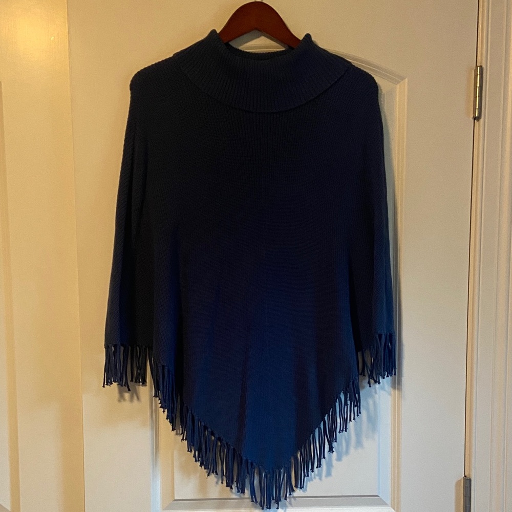 Talbots Teal Ocean Fringed Poncho - Picture 2 of 9